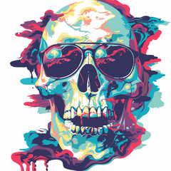 A colorful skull with sunglasses on it. The skull is surrounded by a blue and purple background. The sunglasses give the skull a cool and stylish vibe