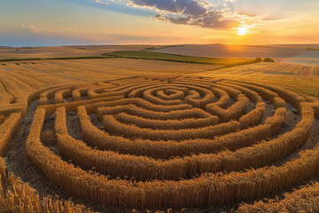 Fototapeta na wymiar Golden Wheat Maze at Sunset, Majestic Farmland Landscape with Harmonious Spiral Patterns