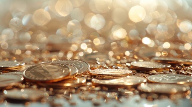 A dynamic still life arrangement of coins scattered on a reflective surface