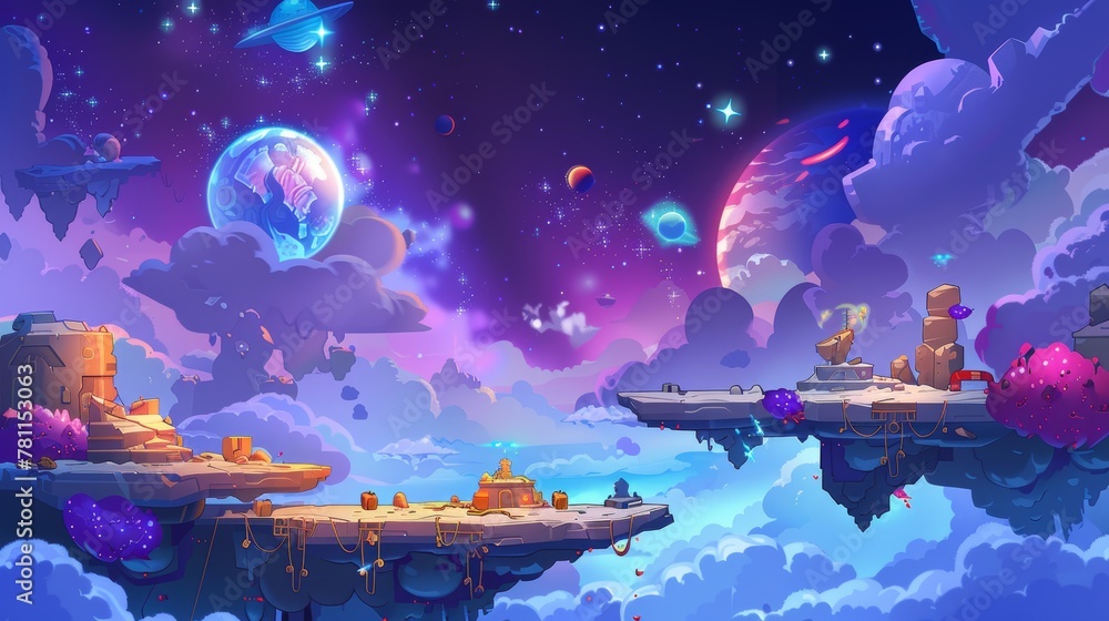 Aufkleber ui icon for arcade game with cartoon illustration of cosmos and completed levels. modern background 
