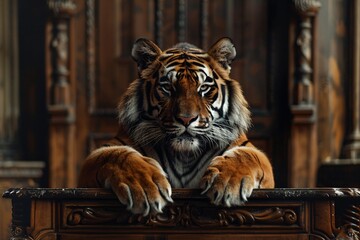 a tiger with its paws on a table