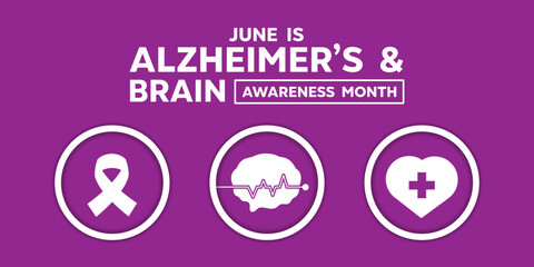 Alzheimers and Brain Awareness Month. Ribbon, brain and heart . Great for cards, banners, posters, social media and more. Purple background.