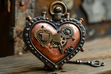 A heart shaped clock with a key attached to it, showcasing an intricate and delicate design, A steampunk style love heart lock and key, AI Generated