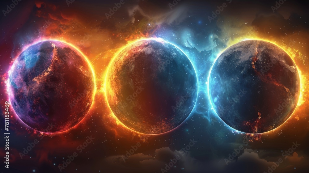 Poster A realistic set of solar eclipse overlay effects on transparent backgrounds. Blazing stars edge in neon blue, yellow, green, and purple against a dark sky. Space design elements.