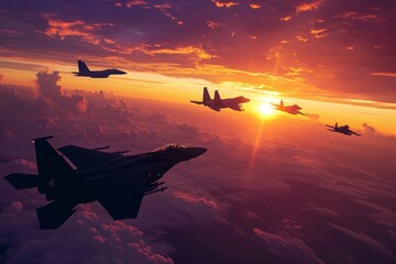 A squadron of fighter jets soar through a cloudy sky, demonstrating their powerful presence, A squadron of fighter aircraft in a sunset sky, AI Generated