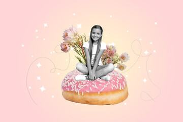 Creative collage picture sitting young girl child sweet nutrition donut sugary food meal flowers...