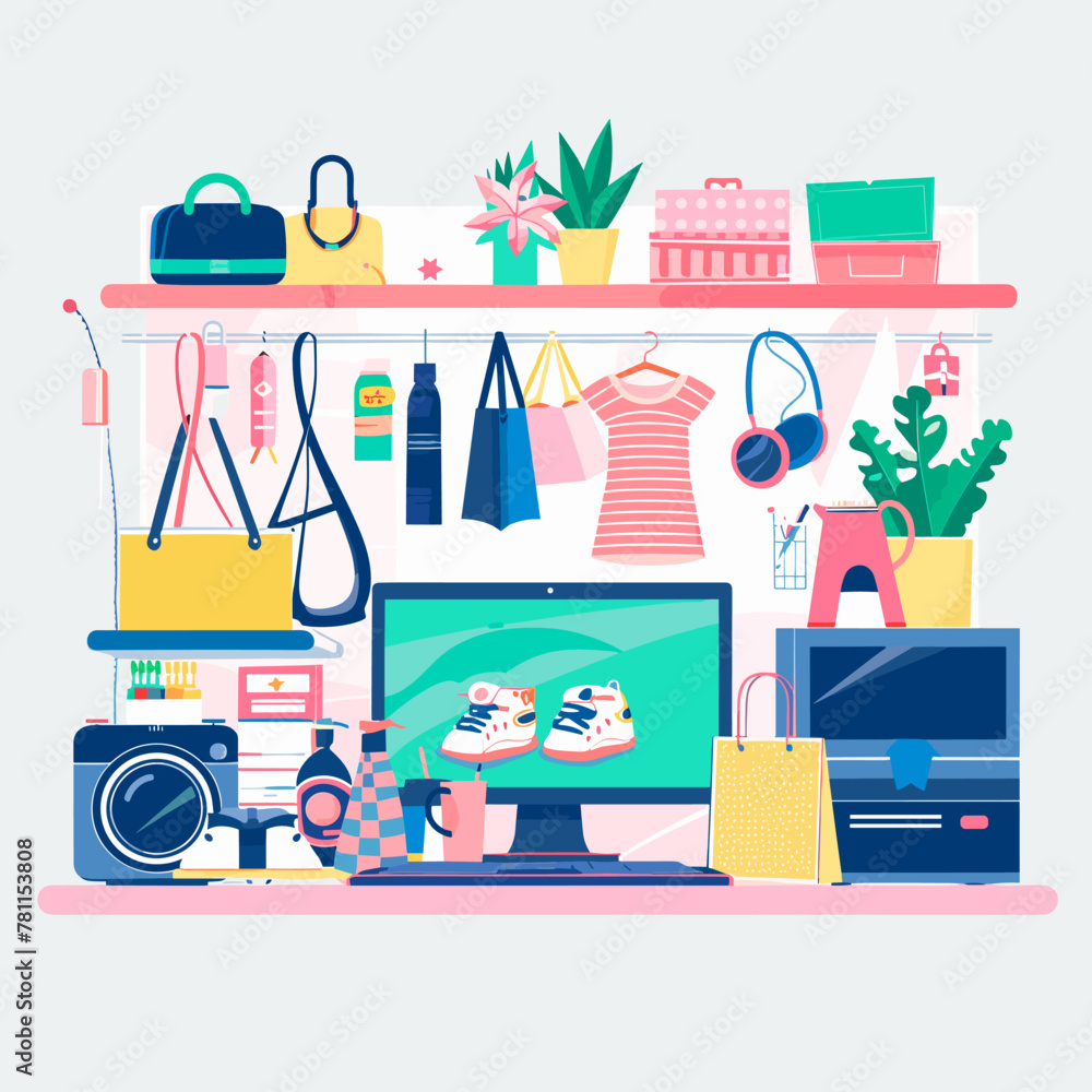 Poster a colorful display of clothes and accessories on a shelf. the display includes a computer, a televis