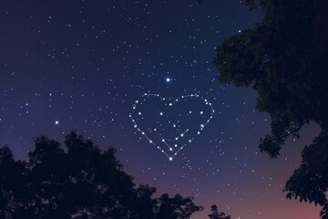 Fototapeta na wymiar A heart-shaped symbol drawn in the sky, hovering above a dense cluster of trees, A starlit sky featuring constellations forming a heart, AI Generated