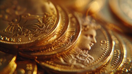 A macro shot capturing the intricate details of a gold coin set against a creamy white backdrop, highlighting its texture and shine. - obrazy, fototapety, plakaty