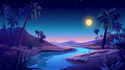 Fototapeta na wymiar A night oasis under a full moon starry sky. Cartoon landscape with river, sand dunes, palms, and plants. A deserted sahara landscape with panoramic 2D views.