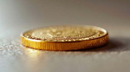 A macro shot capturing the intricate details of a gold coin set against a creamy white backdrop, highlighting its texture and shine.