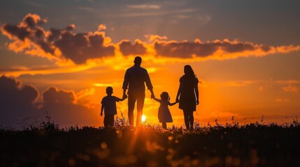 Silhouetted against the sunset's canvas, a family clasps hands, embodying unity and affection. Each figure a testament to love's enduring glow.
