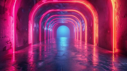 Neon tunnel with vibrant pink and blue lights