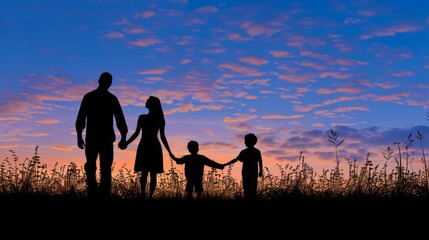 Amidst the golden hues of twilight, a family forms a united silhouette, hands intertwined. Love radiates, binding them in a tapestry of togetherness.
