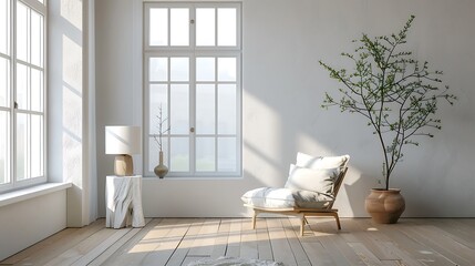 a modern room with two windows a decor on a pedestal a lamp an armchair