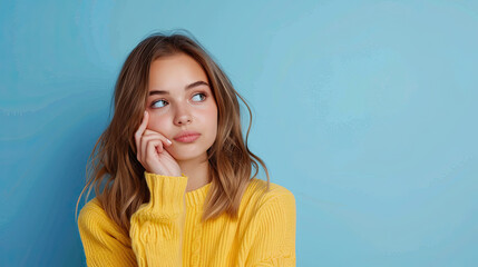 Portrait of minded interested woman touch finger chin look copyspace think thoughts decide decision wear yellow jumper on pastel blue background