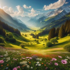 Serene Springtime: Idyllic Mountain Landscape in the Alps, Adorned with Blooming Meadows - obrazy, fototapety, plakaty