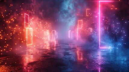 Abstract neon shapes and particles in a mystical space