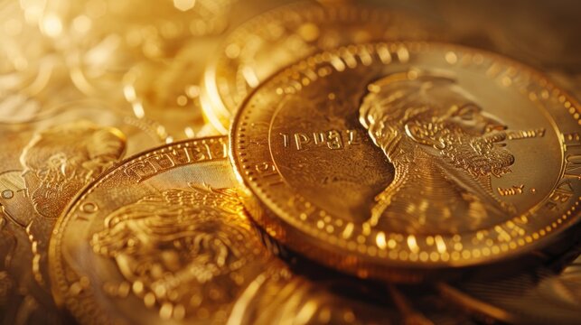 A macro shot focusing on the intricate details of a shiny gold coin, set against a backdrop of warm tan tones, highlighting its value and beauty.
