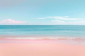 The photo captures a beach with vibrant pink sand and clear blue water, creating a striking...