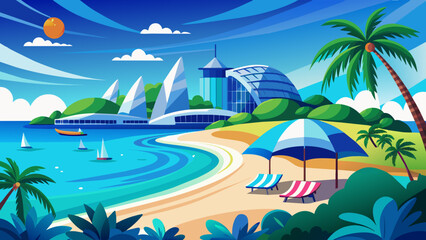 Fototapeta na wymiar Sentosa-beach-overseeing-a-blue-horizon vector illustration 