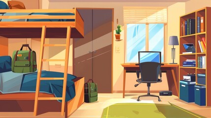 Modern cartoon of empty dormitory bedroom or hostel apartment with wooden furniture and backpack. Modern cartoon interior of empty dorm bedroom or hostel apartment with bunk mattress, bed, computer
