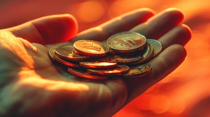 A high-angle view of a person's hand holding a handful of coins, the skin tone complementing the warm orange tones of the background. - obrazy, fototapety, plakaty
