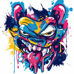 A colorful cartoon face with a mouth full of apples and a tongue sticking out. The face is angry and has a menacing look