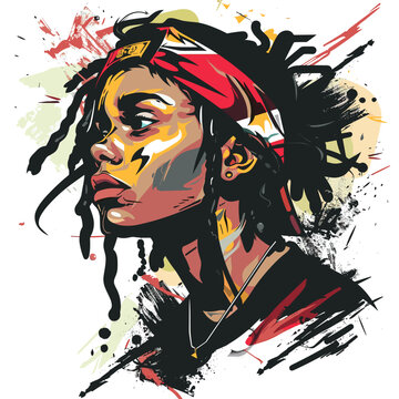 A woman with dreadlocks and a red bandana on her head. She has a necklace around her neck