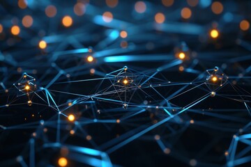 A photo featuring a blue and yellow background adorned with intersecting lines and scattered dots, A stylized, minimal depiction of a network hub, AI Generated