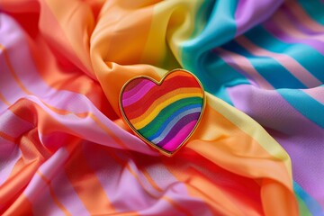 a heart shaped pin on a rainbow colored fabric - obrazy, fototapety, plakaty