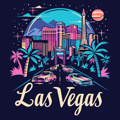 A colorful drawing of Las Vegas with cars driving down a street. The city is lit up and has palm trees
