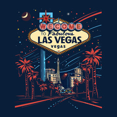A poster for Las Vegas that says "Welcome to Fabulous Las Vegas". The poster features a cityscape with palm trees and a famous landmark, the Eiffel Tower. The poster has a vibrant and inviting mood