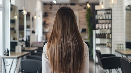A woman standing in a salon with long brown hair flowing down her back