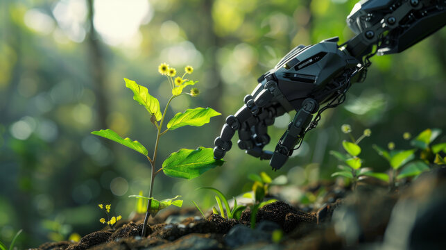 close up of robot arm planting young tree in soil, nature and environment concept