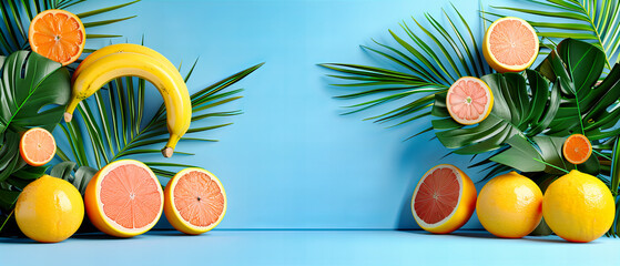 Creative Flat Lay of Citrus Fruits Including Oranges and Lemons, Artfully Sliced and Arranged on a Blue Background - obrazy, fototapety, plakaty