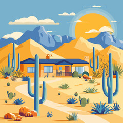 A house is in the middle of a desert with Arizona mountains in the background