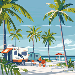 A painting of a Florida beach scene with a camper and a couple of chairs. The painting has a relaxed and peaceful mood