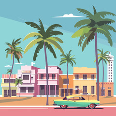 A car is parked on a Florida street in front of a building with a palm tree in the background. The scene is set in a tropical city with colorful buildings and palm trees