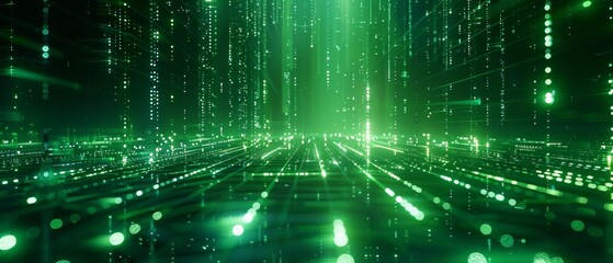 Obraz premium An abstract visualization of digital data with green light streams representing fiber optics or network connections.
