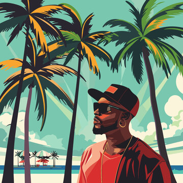 A man wearing sunglasses and a hat stands in front of palm trees. A Florida tropical beach scene