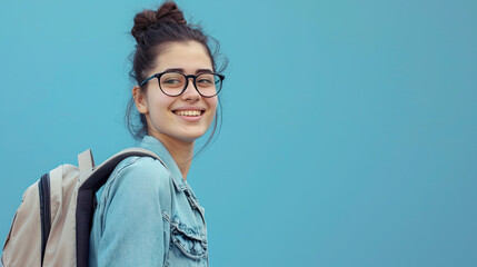 Smiling young woman student eyeglasses backpack on pastel blue background