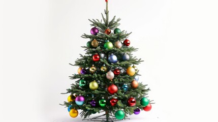 Christmas tree with colorful ornaments, isolated on white background