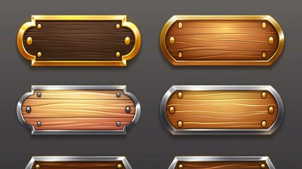 The modern cartoon set of blank rectangle buttons has golden and metal borders with wood texture in a medieval style with gold and silver frames for game UI design. - obrazy, fototapety, plakaty