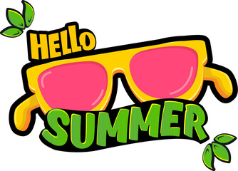Hello summer vector lettering text with vintage retro yellow sunglasses isolated on white background. Hello summer label, icon, print, banner design template with funny cartoon sunglasses, summer vibe