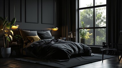 Black modern and retro style bedroom with black and dark materials