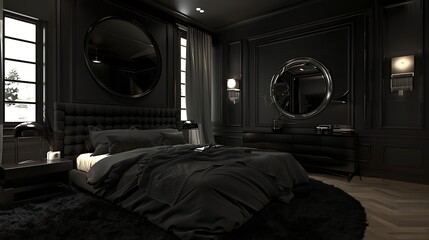 Black modern and retro style bedroom with black and dark materials
