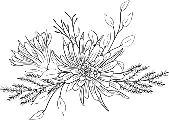 Hand drawn florals arrangement with leaves and branches 