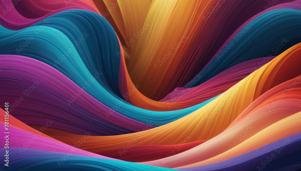 Poster a fluid, wave-like formation with a harmonious blend of colors, suggestive of silk ribbons in motion