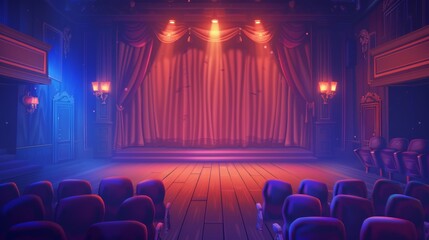 The stage of a theater has red curtains and spotlights with empty seats rows. The interior of the theater also has luxury velvet drapes, typical for music halls, opera houses, and drama theaters. - obrazy, fototapety, plakaty